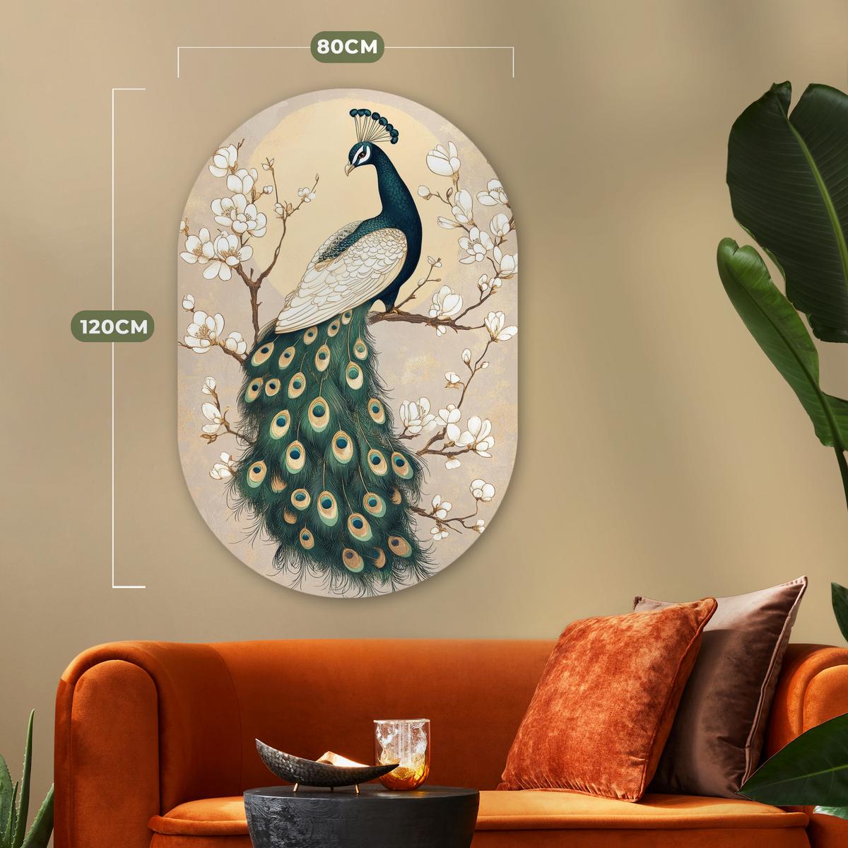 WANDBILD Pfau - Zweig - Blumen Deko Groß 80x120 cm - Champagner, Kunststoff (80/120cm) - MuchoWow