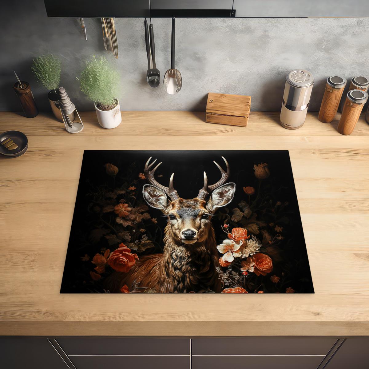 HERDABDECKPLATTE Hirsch - Tier - Blumen - Natur - Botanisch Herdabdeckung Induktionsfeld 65x52 cm - Kupferfarben, Kunststoff (65/52/0.2cm) - MuchoWow