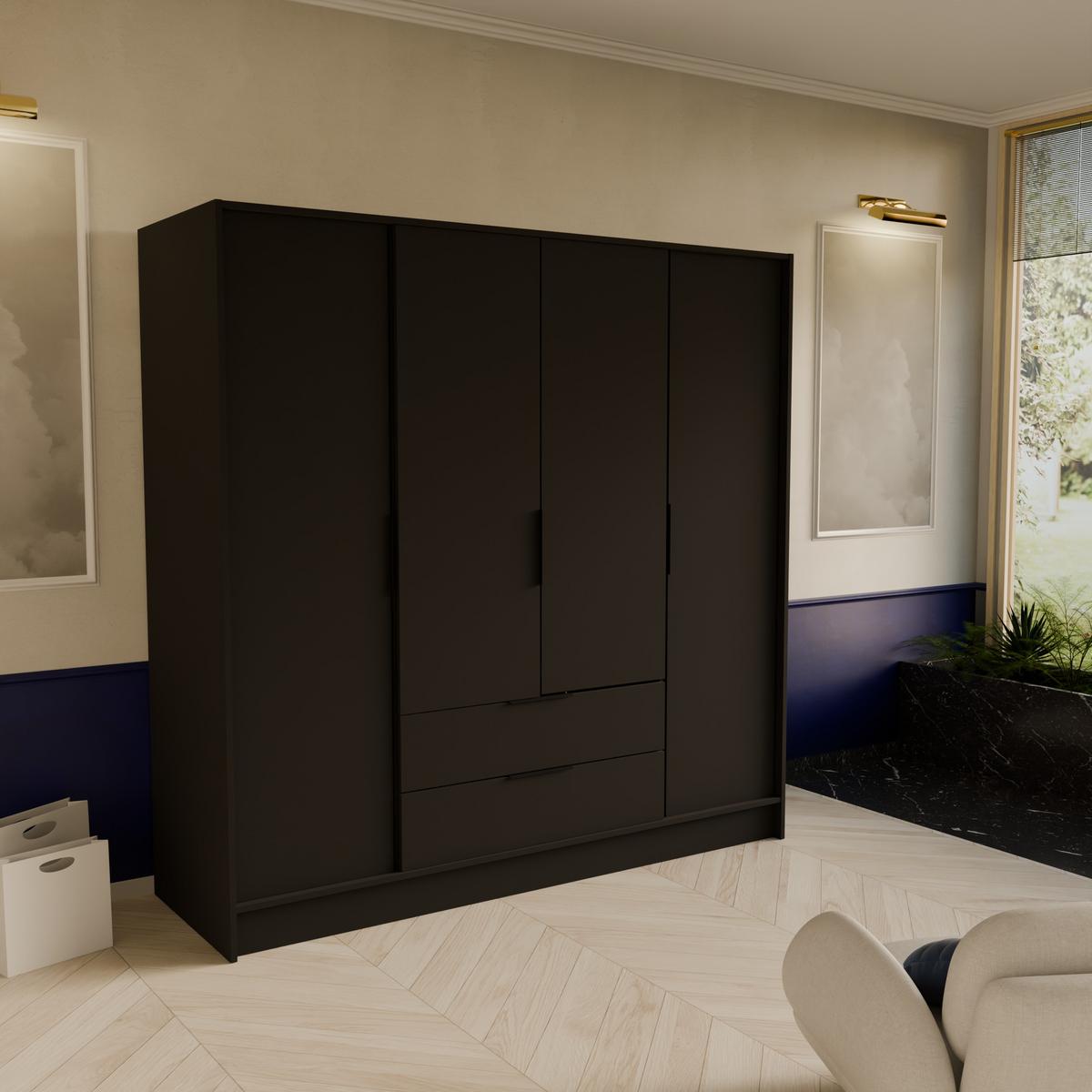 DREHTÜRENSCHRANK CAVA 200/200/51 cm Modern Kleiderschrank 4-türig Schwarz - Schwarz, Holzwerkstoff (200/200/51cm) - MASSENO