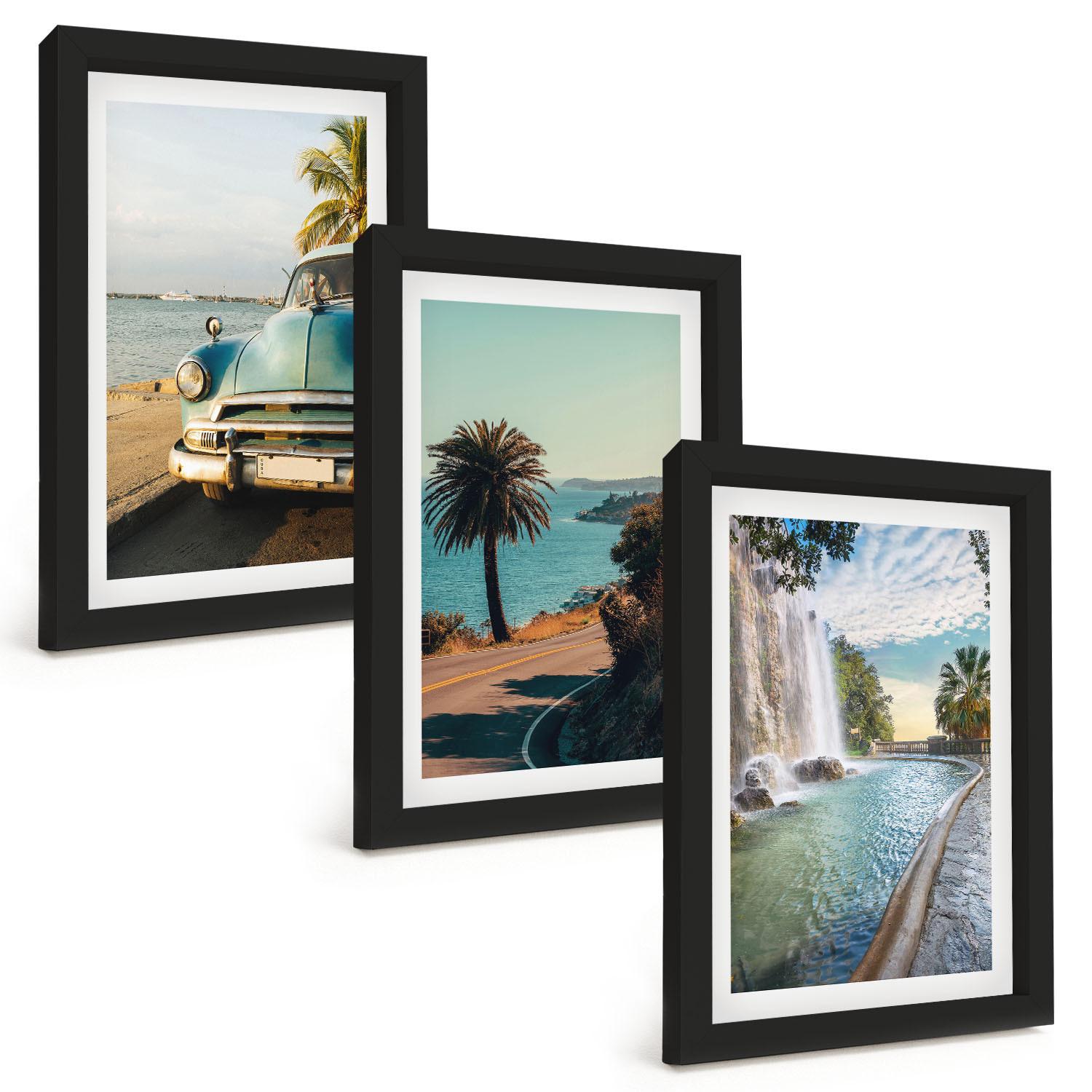 BILDER SET 3er Set - 20x30 cm Schwarzer Rahmen - Urlaub Palmen Wasserfall - Schwarz, Kunststoff (20/30cm) - TULUP