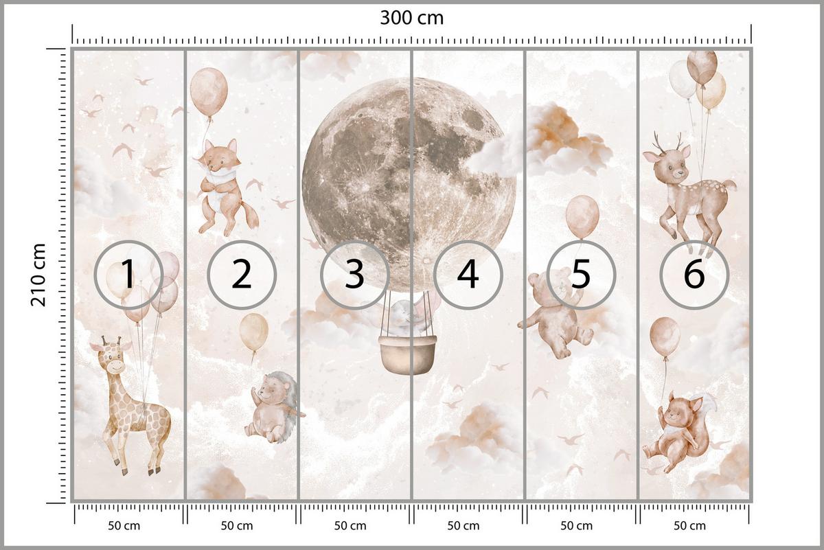 FOTOTAPETE für Kinderzimmer Mond Ballons Bär Rehkitz Giraffe Wolken 300x210 - Beige/Rosa, Papier (300/210cm) - Muralo