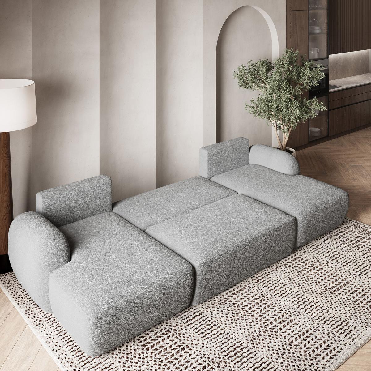 WOHNLANDSCHAFT SAVONA N Hellgrau Boucle-Stoff mit Schlaffunktion - Hellgrau/Schwarz, Holz/Kunststoff (320/90/148cm) - MASSENO