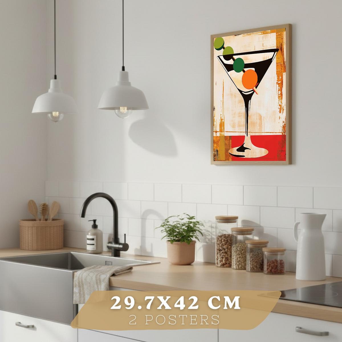 POSTER 4er Set Küchen-Wandbilder Vintage Katze Sardinen Martini Wein und Pasta Retro Esszimmer Bar Deko Schwarzer Rahmen A3 - Schwarz, Papier (29.7/1/42cm) - Nacnic