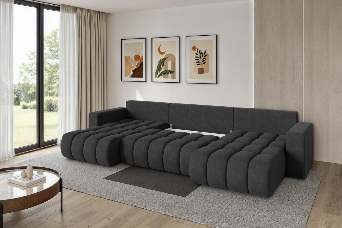WOHNLANDSCHAFT mit Schlaffunktion und Bettkasten MILA-U-v1 378x194x86 Dunkelgrau Velours - Anthrazit/Schwarz, Holzwerkstoff/Kunststoff (378/86/194cm) - ALTDECOR
