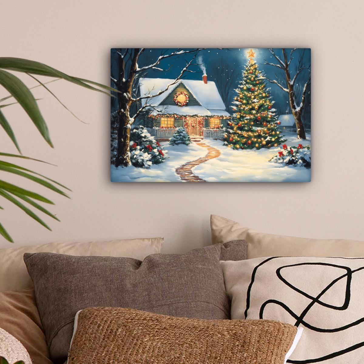 LEINWANDBILD Weihnachten - Weihnachtsbaum - Winter - Zuhause - Schnee Deko Schlafzimmer 30x20 cm - Smaragdgrün, Textil (30/20cm) - MuchoWow
