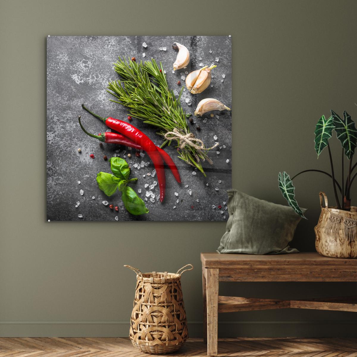 ACRYLGLASBILD Pfeffer - Kräuter - Gewürze - Beton 90x90 cm - Dunkelgrau, Glas (90/90cm) - MuchoWow