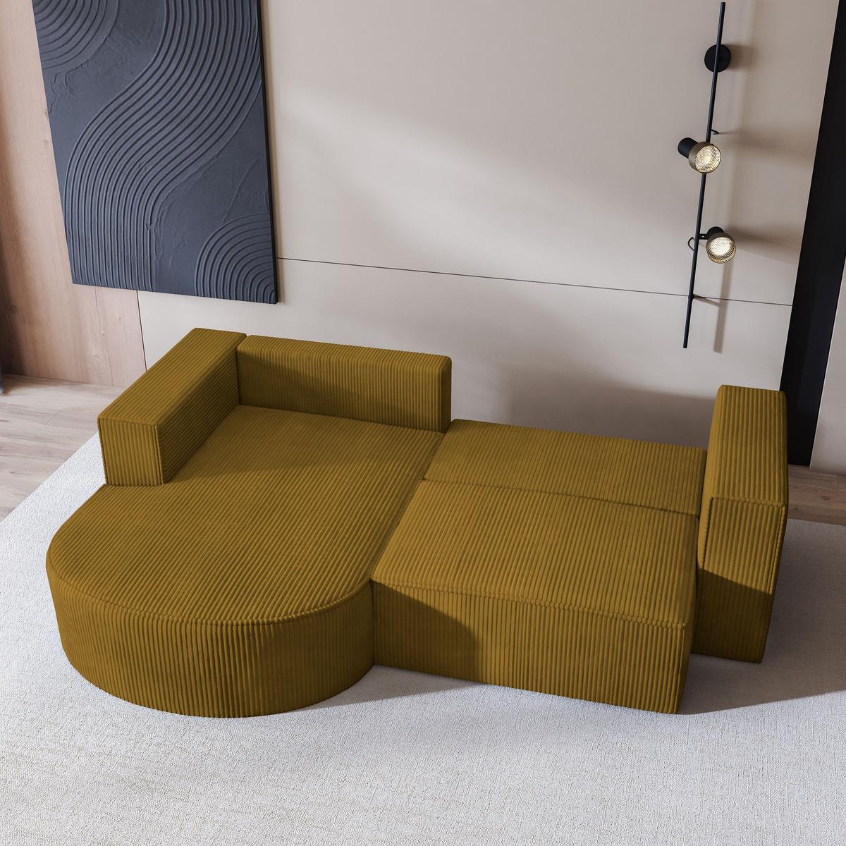 ECKSOFA SORELA P L-S Gelb Kordstoff mit Schlaffunktion - Gelb, Holz (263/174cm) - MASSENO