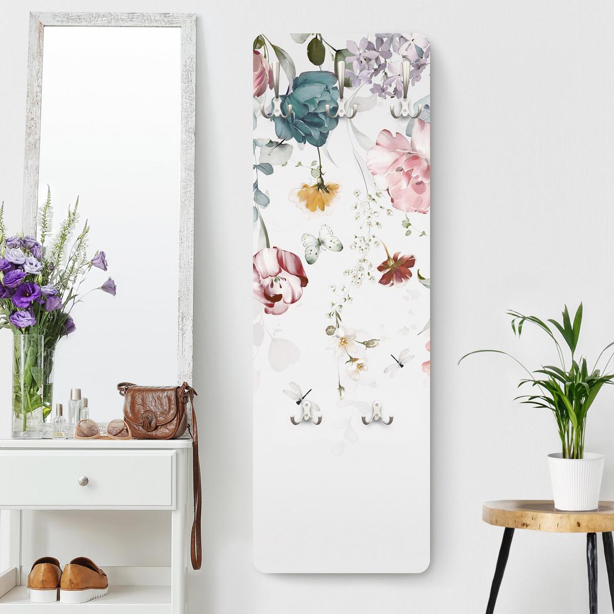 WANDGARDEROBE - Rankende Blumen mit Schmetterlingen Aquarell 34/105 cm - Pastellblau, Holzwerkstoff (34/105/1.6cm) - Bilderwelten