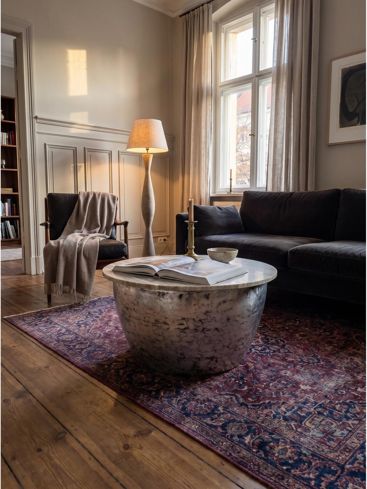 COUCHTISCH HAVEL, Marmor, handgefertigt, Beige-Silber, Ø 60 x 34 cm - Silberfarben, Stein/Metall (60/60/34cm) - KADIMA DESIGN