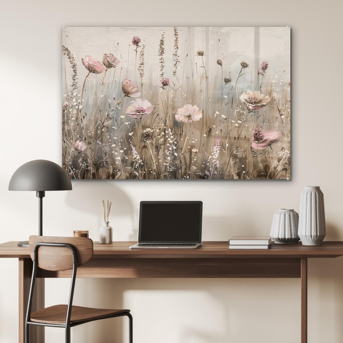 ACRYLGLASBILD Blumen - Rosa - Modern - Beige Room Decor 90x60 cm - Beige, Glas (90/60cm) - MuchoWow