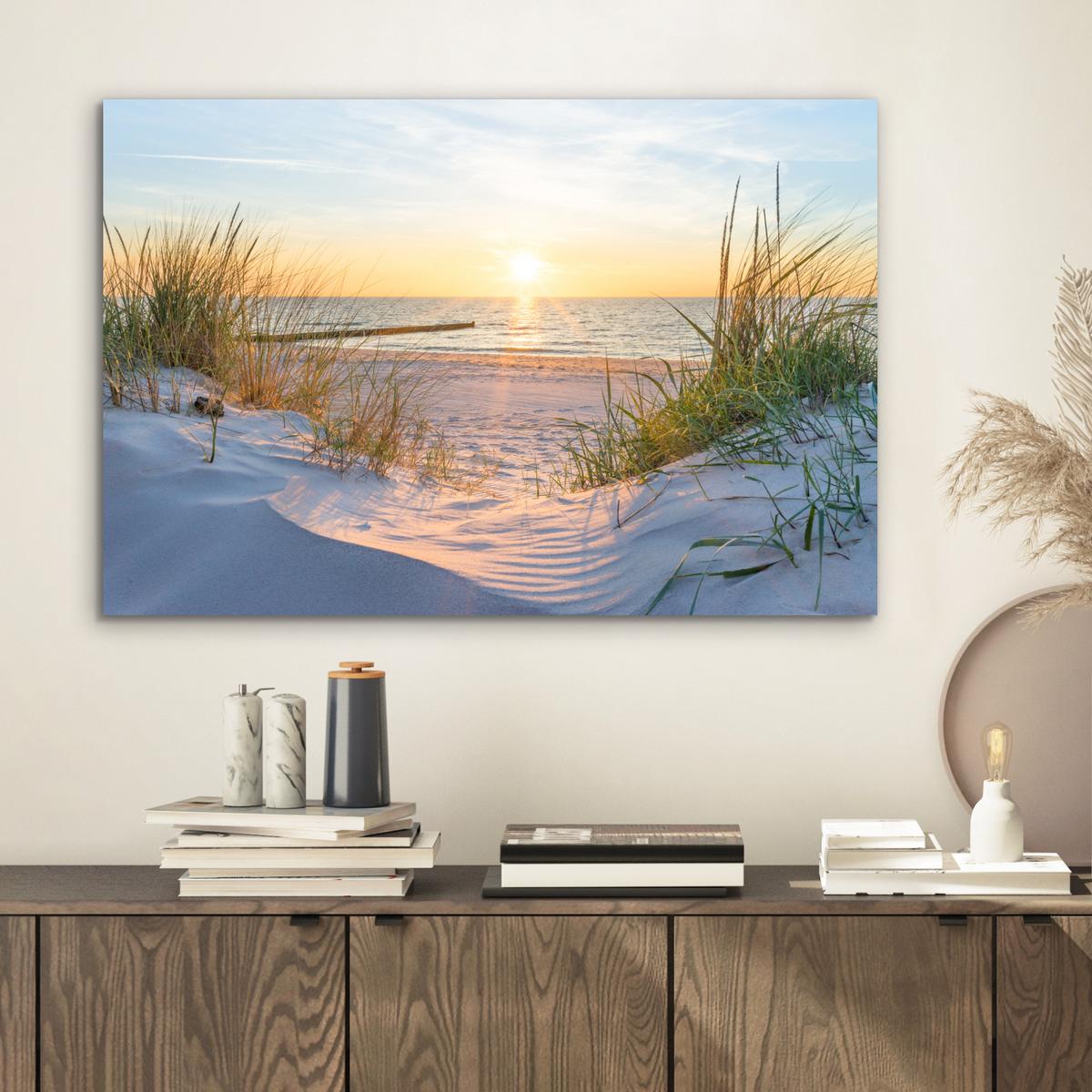METALLBILD Strand - Sonne - Düne - Gras - Sand - Horizont Wandbild 60x40 cm - Hellblau, Metall (60/40cm) - MuchoWow