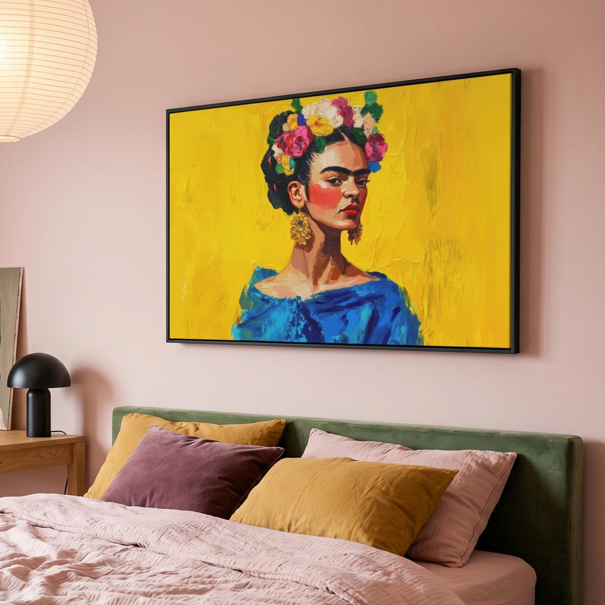 LEINWAND Bilder mit Rahmen - Frida Kahlo - Frau - Gelb - Blau - Blumen - 120x80 - Gelb, Textil (120/80cm) - MuchoWow
