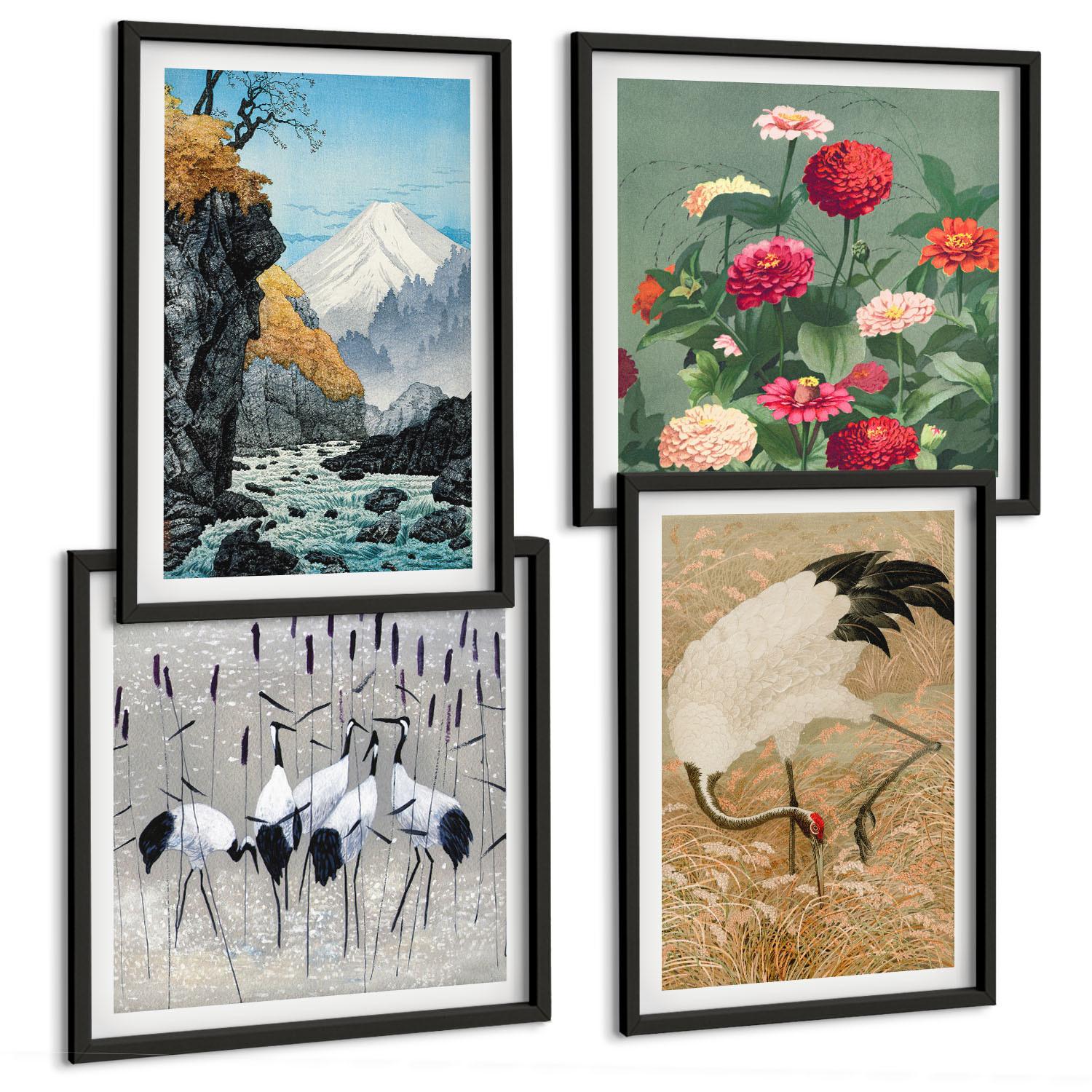 BILDER SET 4er Set - 50x50 cm & 40x60 cm Schwarzer Rahmen - Berge, Fluss, Blumen, Kraniche - Schwarz, Kunststoff (50/50cm) - TULUP
