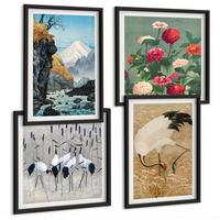 BILDER SET 4er Set - 50x50 cm & 40x60 cm Schwarzer Rahmen - Berge, Fluss, Blumen, Kraniche - Schwarz, Kunststoff (50/50cm) - TULUP
