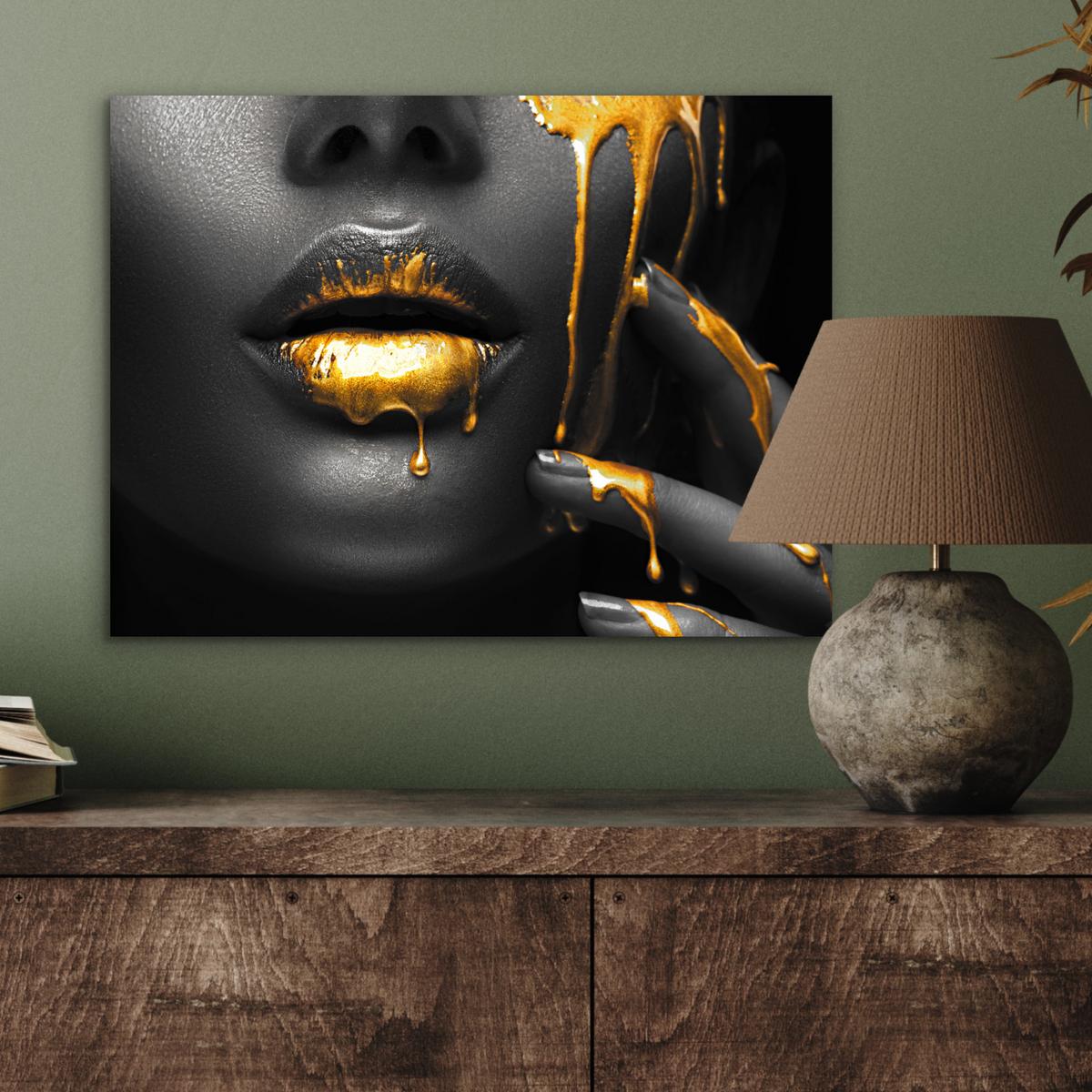 METALLBILD Frau - Schwarz - Gold - Gesicht - Lippen 40x30 cm - Goldfarben, Metall (40/30cm) - MuchoWow