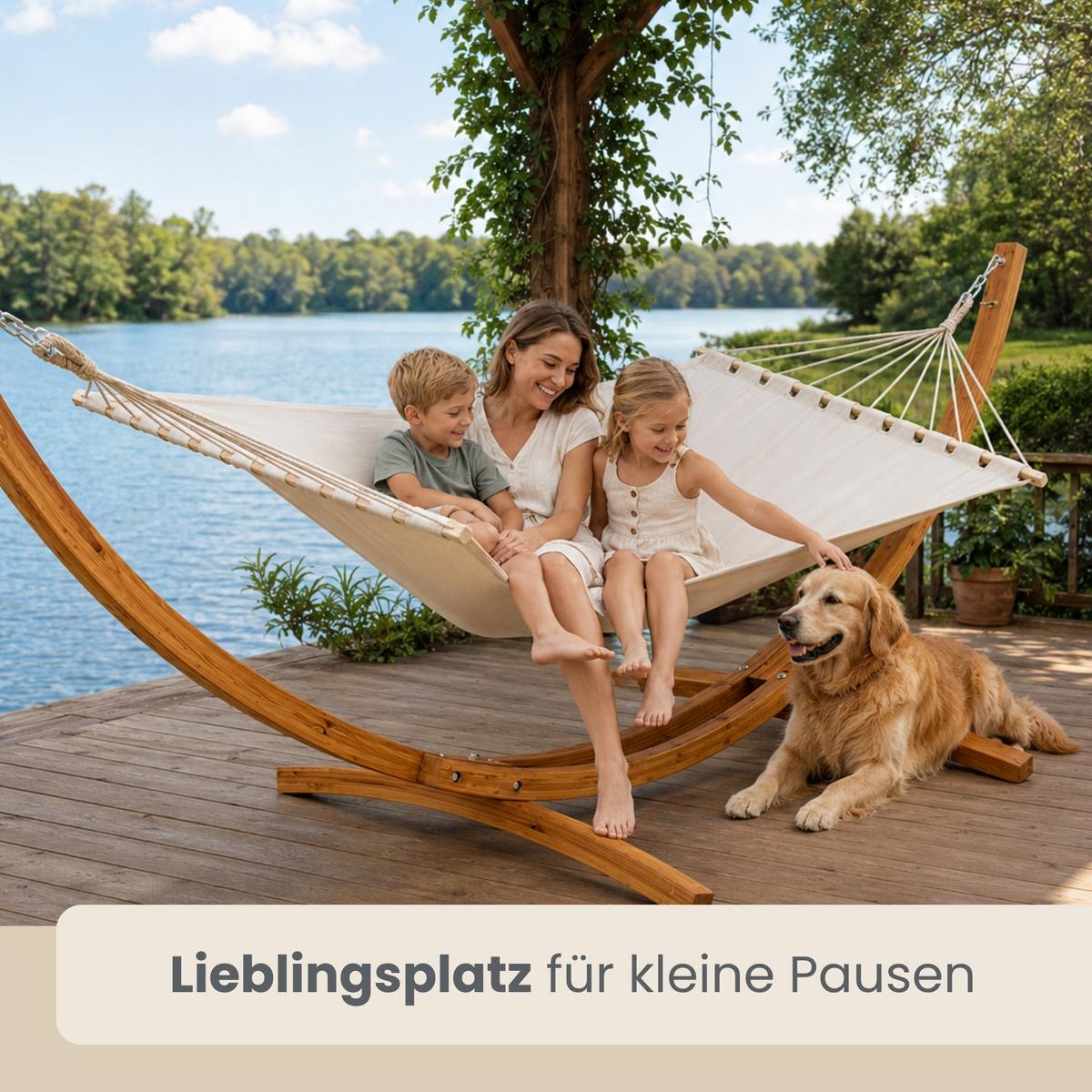 XXL-HÄNGEMATTE mit Holzgestell bis 150kg, 325/120cm, Beige - Beige, Holz (120/118/325cm) - Amanka