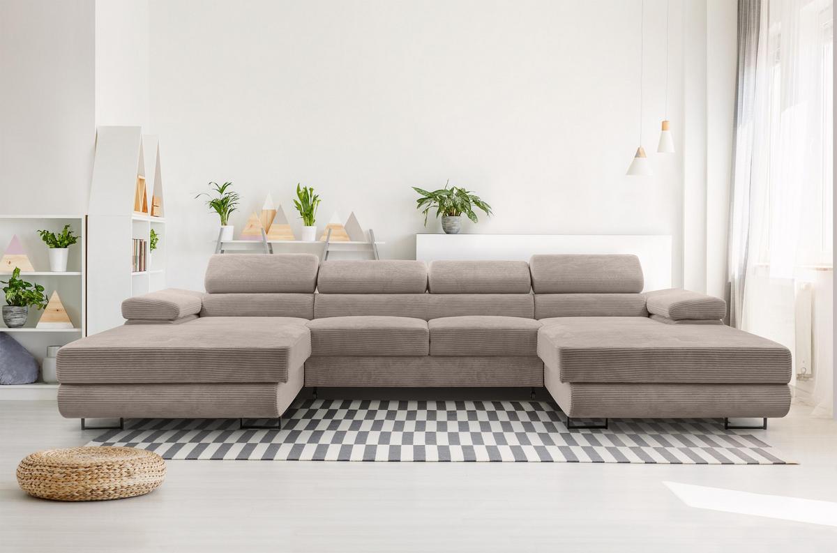 WOHNLANDSCHAFT Arborio Beige 352/202/90 cm mit Schlaffunktion - Beige/Schwarz, Textil/Metall (352/90/202cm) - AX Living