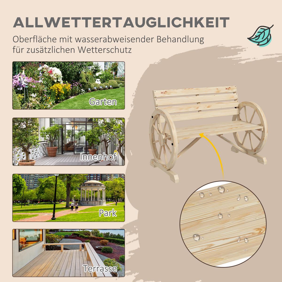 2ER-GARTENBANK Sitzbank Wagenrad-Design rustikale Holzbank für 2 Personen - Naturfarben, Holz (56/79/105.5cm) - Outsunny