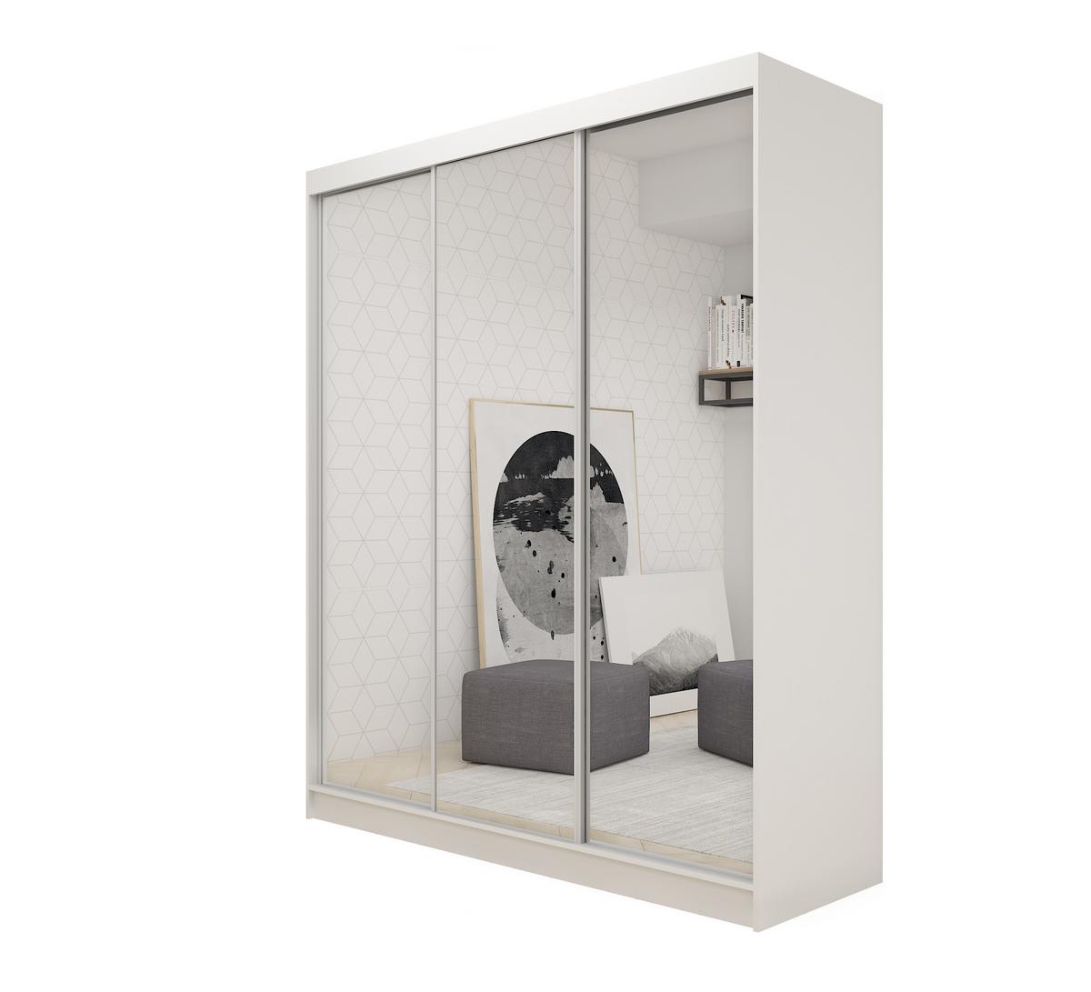 SCHWEBETÜRENSCHRANK BELLINA 180/216/61 cm 3-türig mit Spiegel Weiß - Weiß, Holzwerkstoff (180/216/61cm) - MASSENO