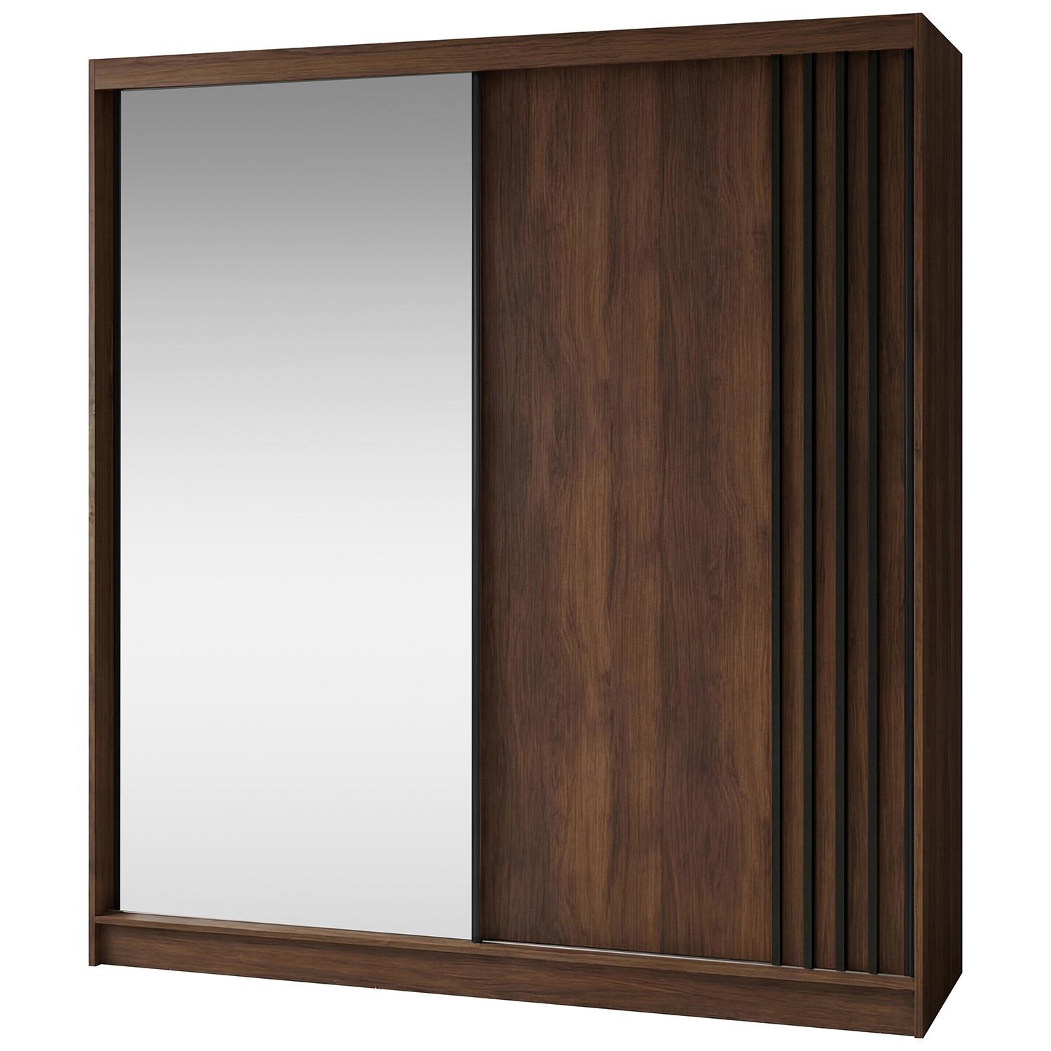 SCHWEBETÜRENSCHRANK Nela II mit Schubladen und Spiegel 200/216/61 Walnuss+Schwarz - Walnussfarben, Holzwerkstoff (200/216/61cm) - Beautysofa