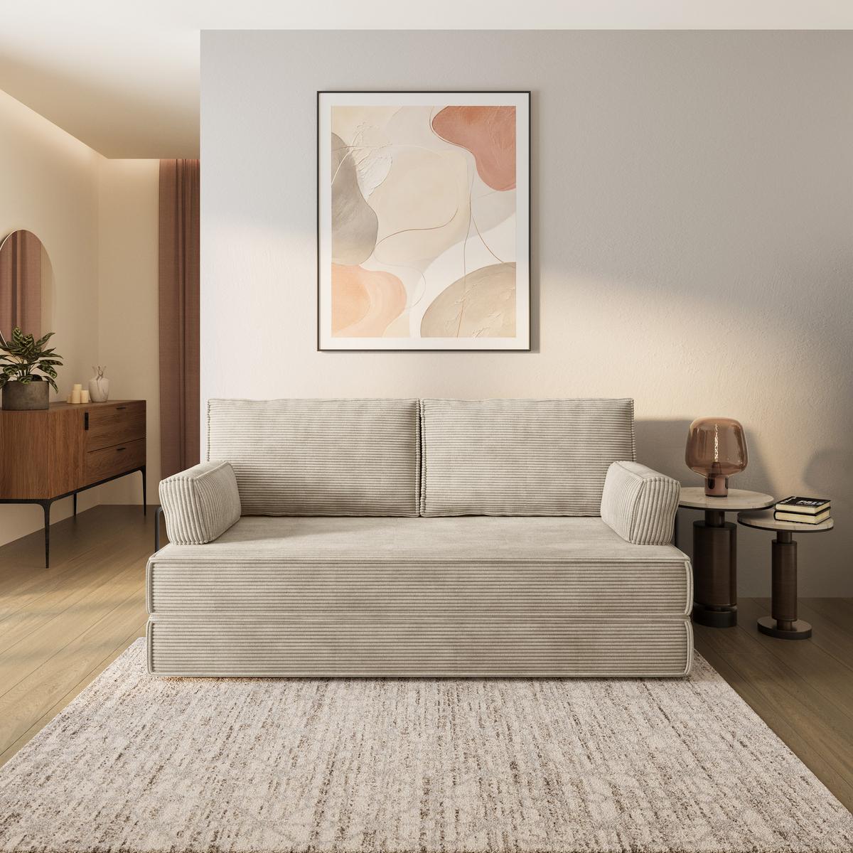 BETTSOFA SILAR aus Schaumstoff Kordstoff Creme Schlaffunktion - Creme, Textil (170/86/80cm) - MASSENO