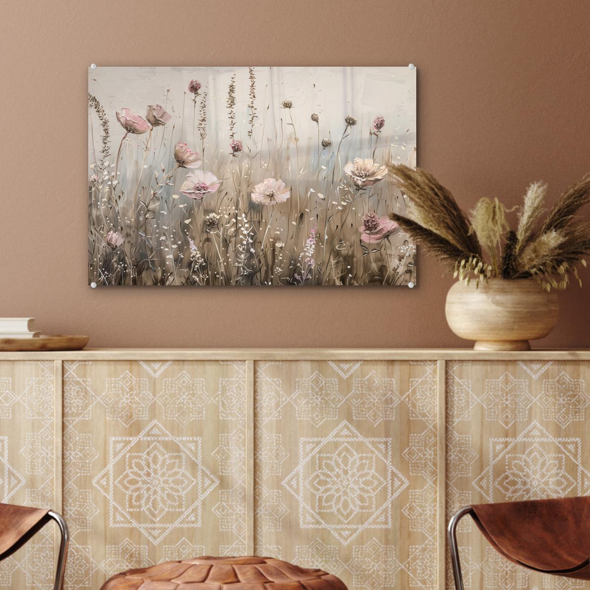ACRYLGLASBILD Blumen - Rosa - Modern - Beige Wanddeko 60x40 cm - Beige, Glas (60/40cm) - MuchoWow
