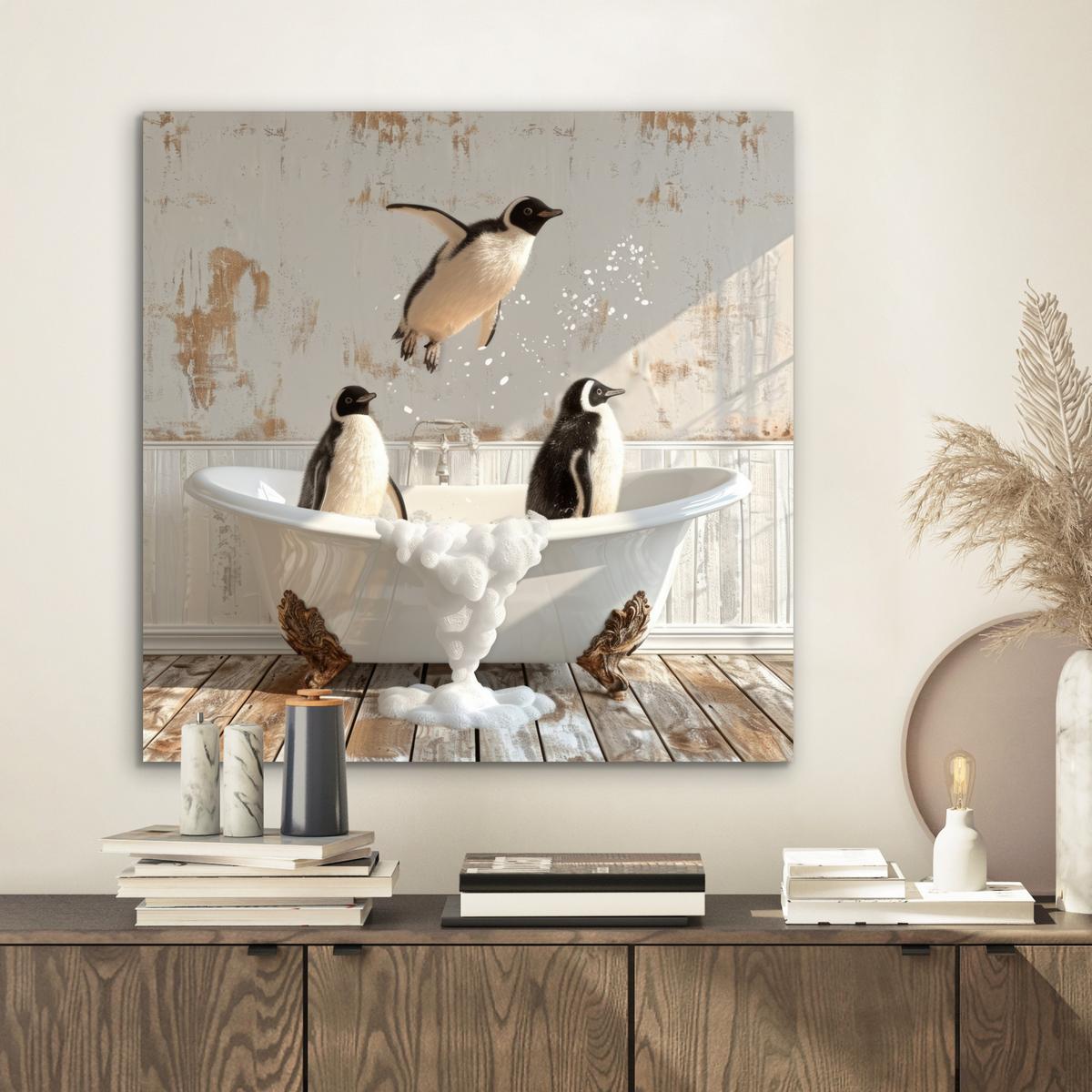 METALLBILD Vintage - Pinguin - Badewanne - Schaumstoff 50x50 cm - Schwarz, Metall (50/50cm) - MuchoWow