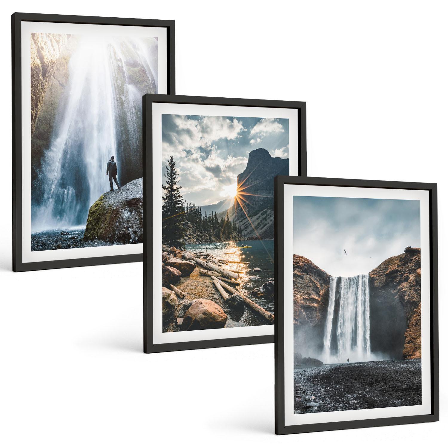 BILDER SET 3er Set - 40x60 cm Schwarzer Rahmen - Wasserfälle, Berge, Landschaften, Natur - Schwarz, Kunststoff (40/60cm) - TULUP