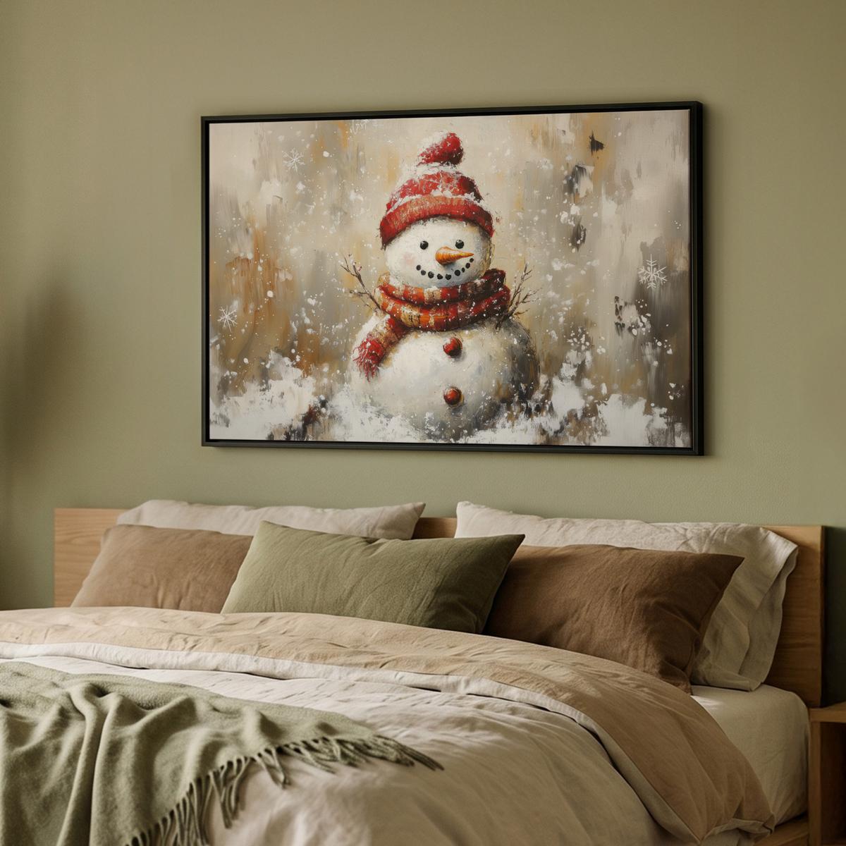 LEINWAND Bilder mit Rahmen - Schneemann - Winter - Schnee - Beige - 90x60 - Weiß, Textil (90/60cm) - MuchoWow