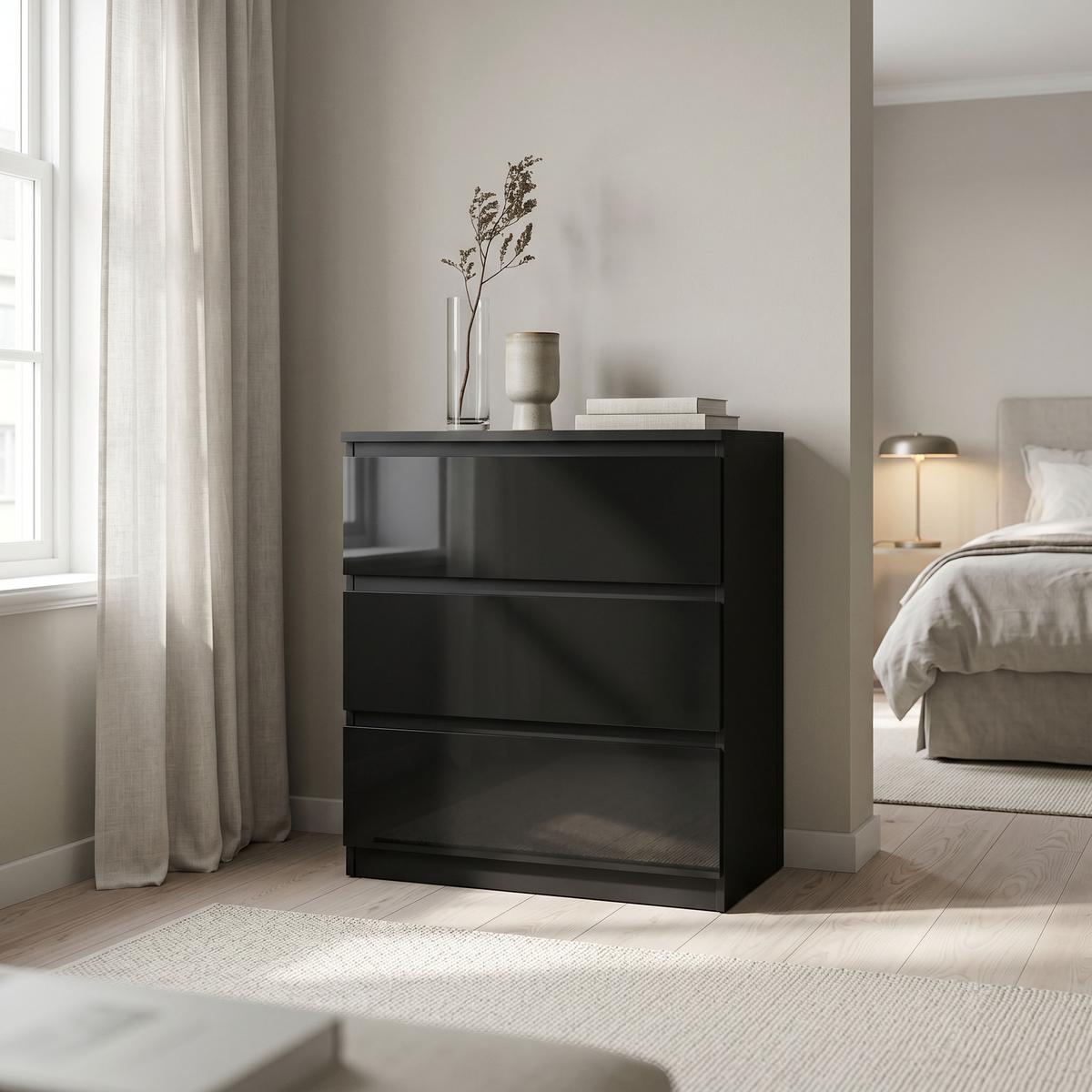 KOMMODE NUDO 70/78,5/39cm mit 3 Schubladen Türen Schwarz - Schwarz Hochglanz/Schwarz, Holzwerkstoff (70/78.5/39cm) - MASSENO