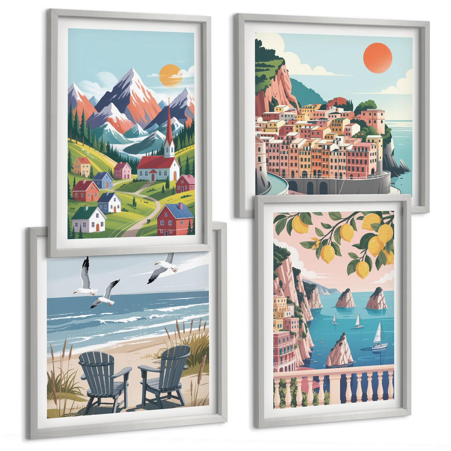 BILDER SET 4er Set - 50x50 cm & 40x60 cm Silberner Rahmen - Farbenfrohe Berge und Küstenstädte - Silberfarben, Kunststoff (50/50cm) - TULUP