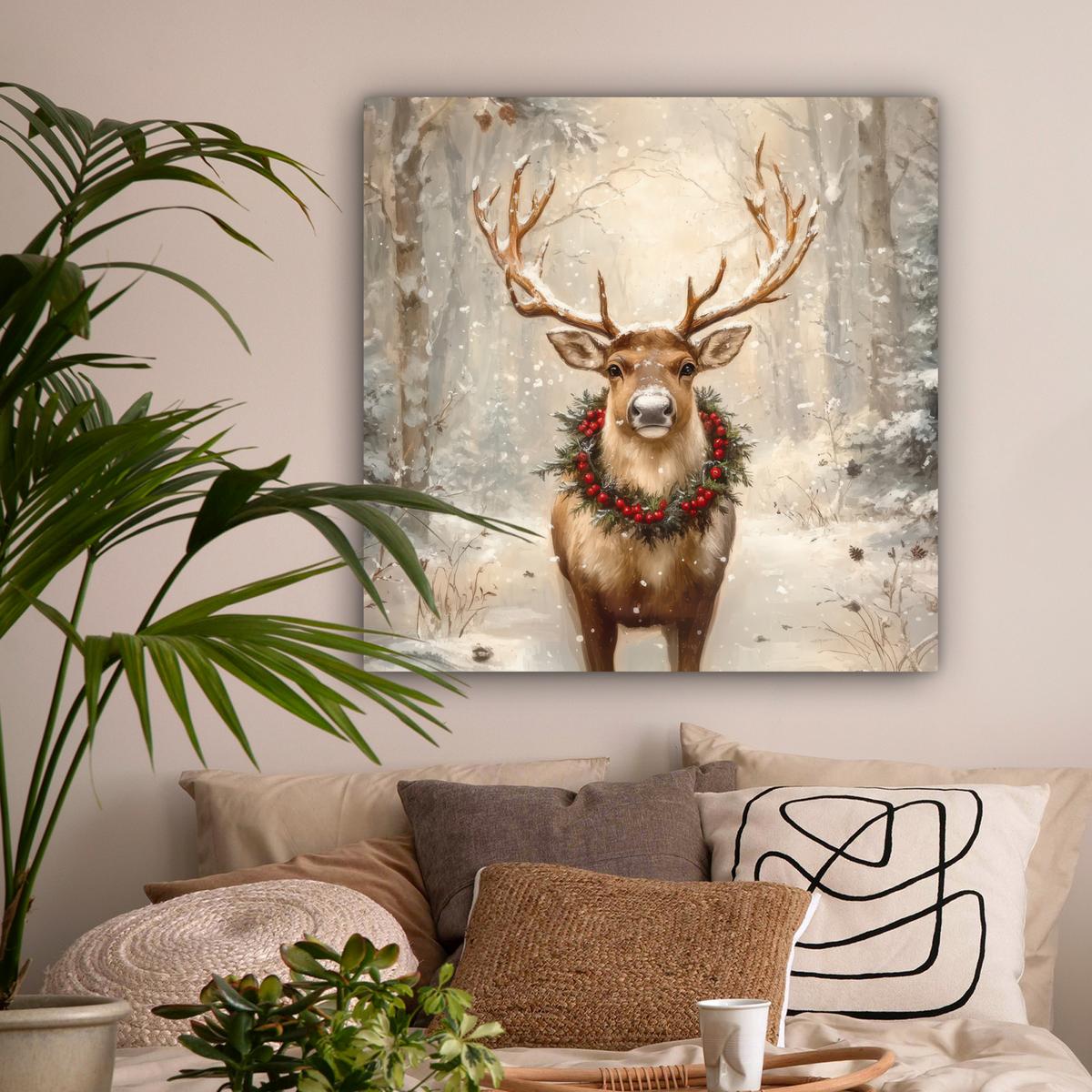 LEINWANDBILD Weihnachten - Rentier - Winter - Kranz Deko Groß 90x90 cm - Naturfarben, Textil (90/90cm) - MuchoWow