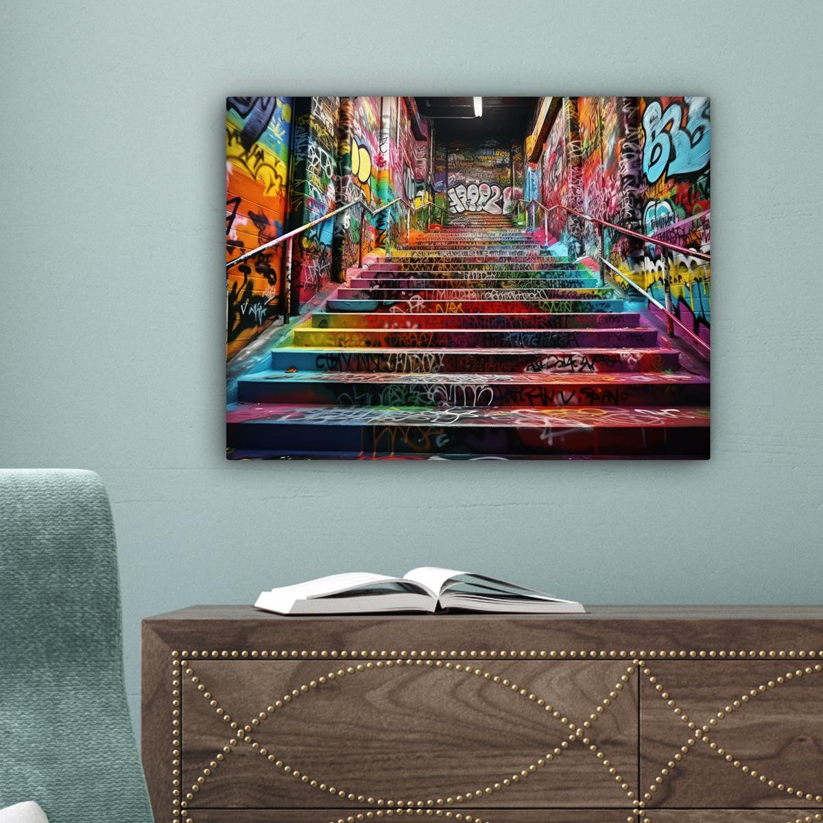 LEINWANDBILD Treppe - Graffiti - Farben - Kunst Wandbild 40x30 cm - Multicolor, Textil (40/30cm) - MuchoWow