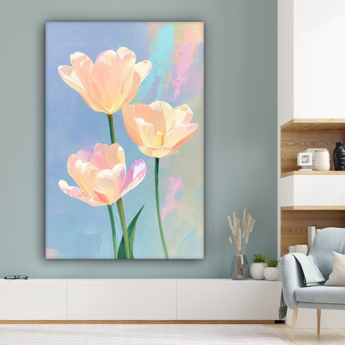 LEINWANDBILD Tulpen - Rosa Akzente - Blau Deko Groß 90x140 cm - Pastellblau, Textil (90/140cm) - MuchoWow