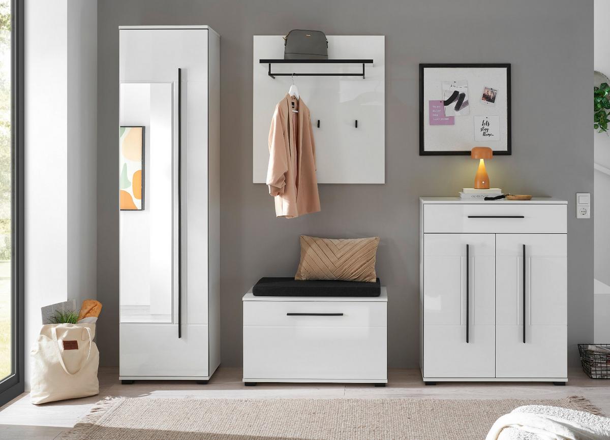 GARDEROBEN-SET weiß Hochglanz 5-teilig 230 cm, Flurgarderobe mit viel Stauraum - Dunkelgrau/Weiß Hochglanz, Glas/Holzwerkstoff (230/230/40cm) - Furn.Design