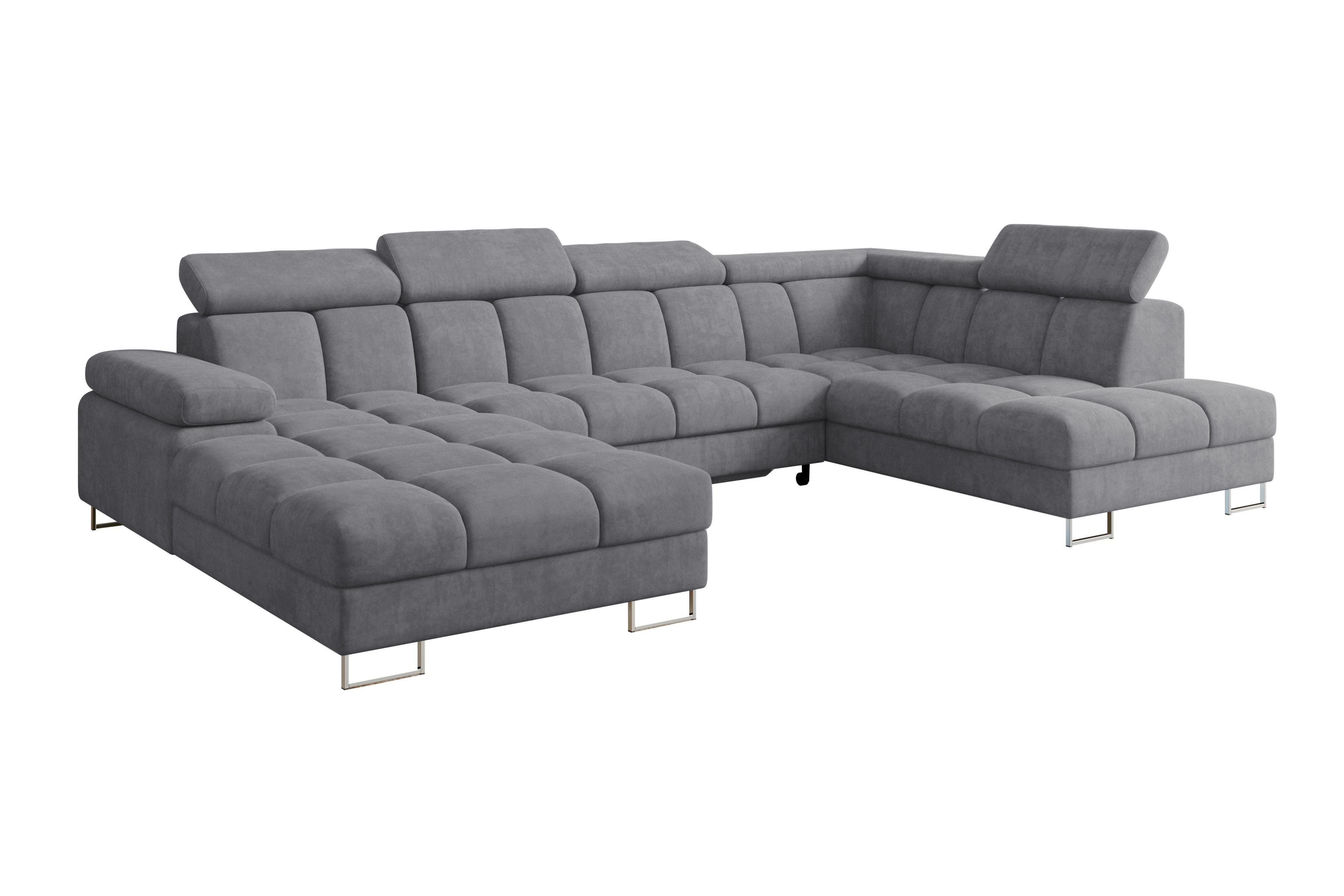 WOHNLANDSCHAFT mit Schlaffunktion und Bettkasten Ottomane RECHTS COMA U 345x203x79 Grau Velours - Grau, Holzwerkstoff/Textil (203/79/345cm) - ALTDECOR