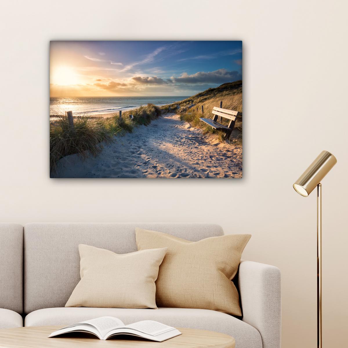 LEINWANDBILD Sonnenuntergang - Strand - Düne - Gras - Ufer Wandbilder 80x60 cm - Sandfarben, Textil (80/60cm) - MuchoWow