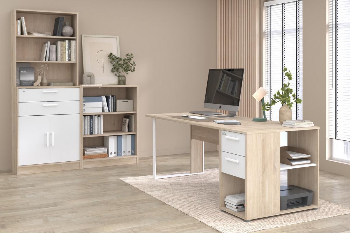 BÜROMÖBEL-SET Eiche, weiß, Kombination mit Schreibtisch, Container und Stauraumregal - Eichefarben/Schwarz, Holzwerkstoff/Kunststoff (80/150/104cm) - Parisot Meuble