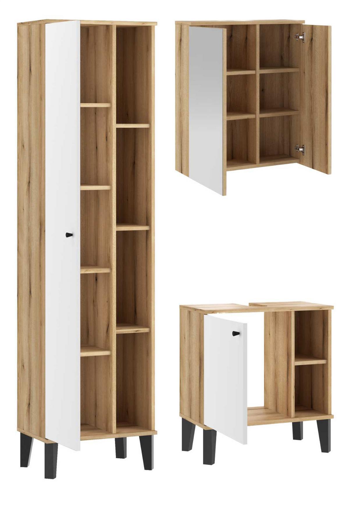 BADMÖBEL-SET 3-teilig weiß, Evoke Eiche, Badkombination, 121 x 190 cm - Eichefarben/Schwarz, Glas/Holzwerkstoff (121/190/33cm) - Furn.Design
