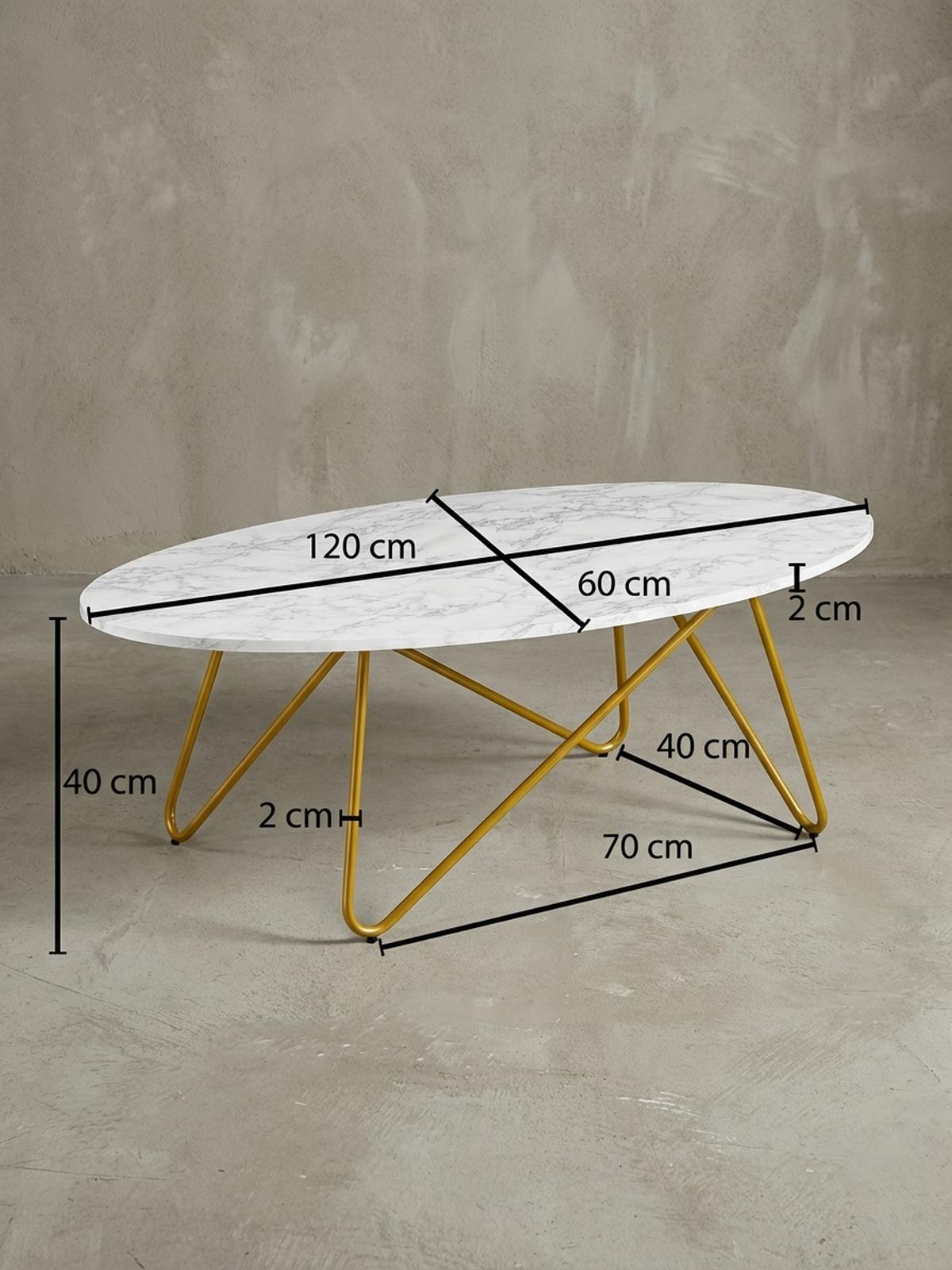 COUCHTISCH Oval in Marmor-Optik mit goldfarbenem Gestell, Maße 120x40x60 cm - Goldfarben/Weiß, Holz/Metall (60/120/40cm) - KADIMA DESIGN