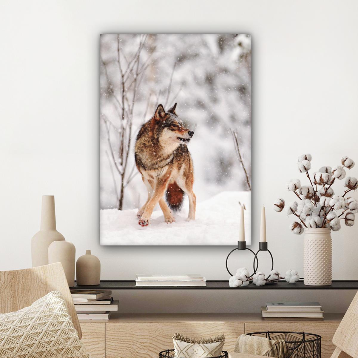 LEINWANDBILD Wolf - Winter - Schnee - Natur - Tiere Wandbild Wohnzimmer 60x80 cm - Haselnussfarben, Textil (60/80cm) - MuchoWow