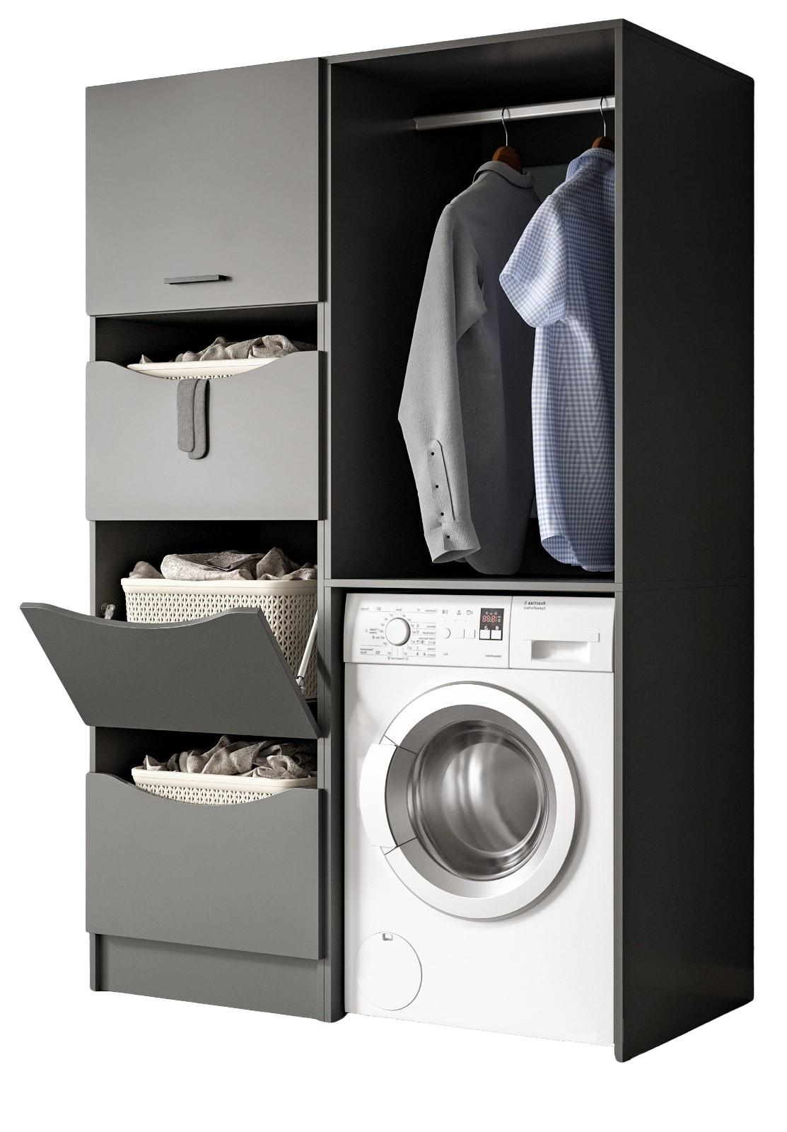 WASCHMASCHINENSCHRANK grau Set 2-teilig 126 x 196 cm, Waschmaschinenumbau mit Wäschefächern - Schwarz/Grau, Holzwerkstoff/Kunststoff (126/196/68cm) - Inn.Furn