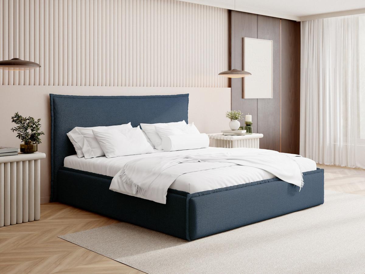 POLSTERBETT Pillow mit Bettkasten, Lattenrost & hohem Kopfteil in Dunkelblau Chenille 120x200 cm - Birkefarben/Schwarz, Holz/Kunststoff (120/200cm) - WFL GROUP