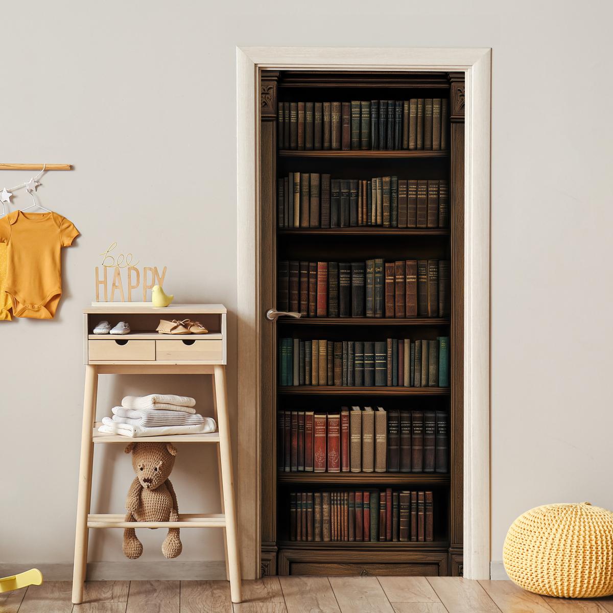 TÜRAUFKLEBER Bücherregal - Vintage - Braun Fototapete selbstklebend 80x205 cm - Türtapete - Nussbaumfarben, Kunststoff (80/0.1cm) - MuchoWow