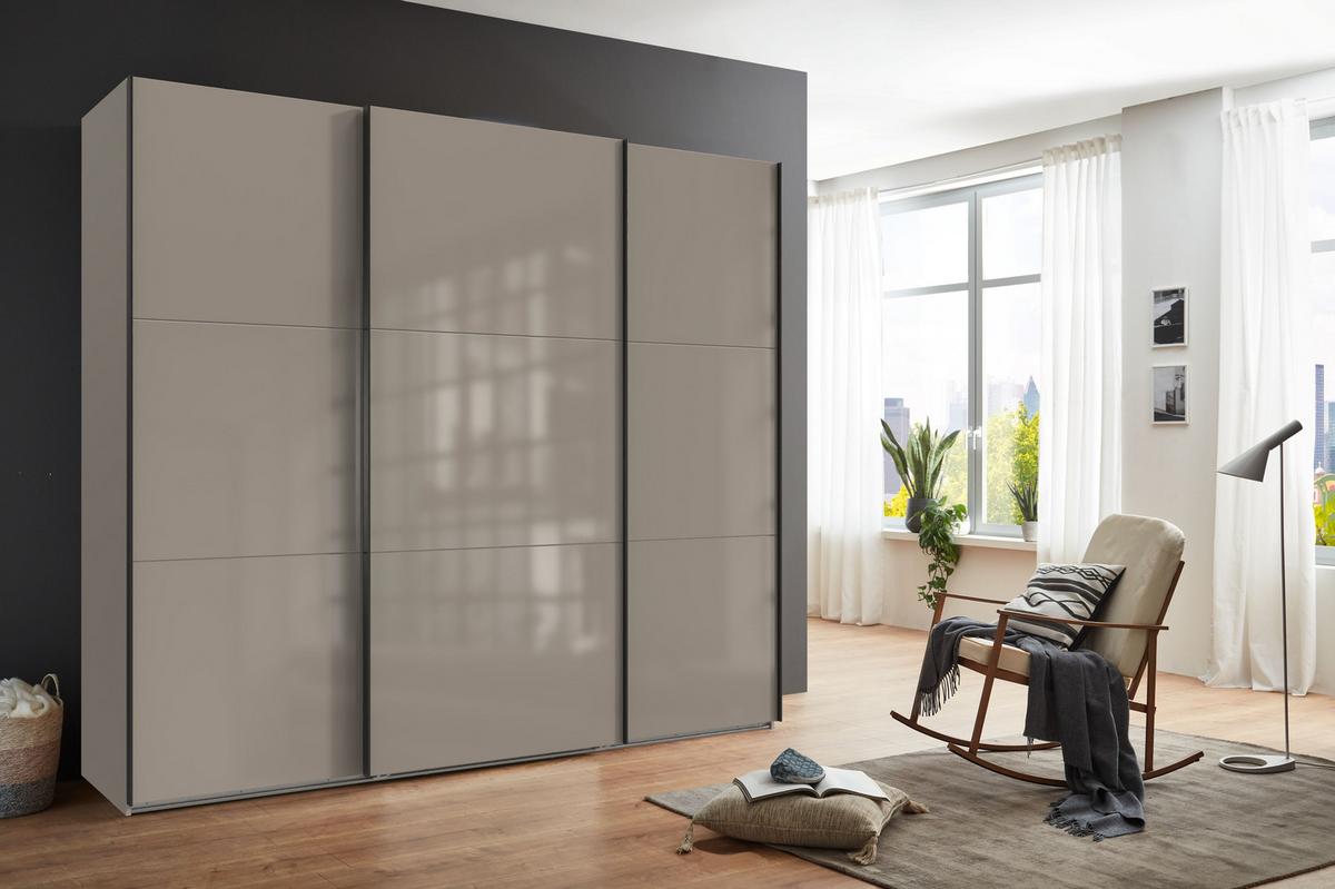 SCHWEBETÜRENSCHRANK 3-türig B250/H216/T65 cm in Sandgrau mit Glasfront, Kleiderschrank inkl. Vollausstattung / 22031 - Sandfarben/Eichefarben, Holzwerkstoff/Metall (250/216/65cm) - luma-home