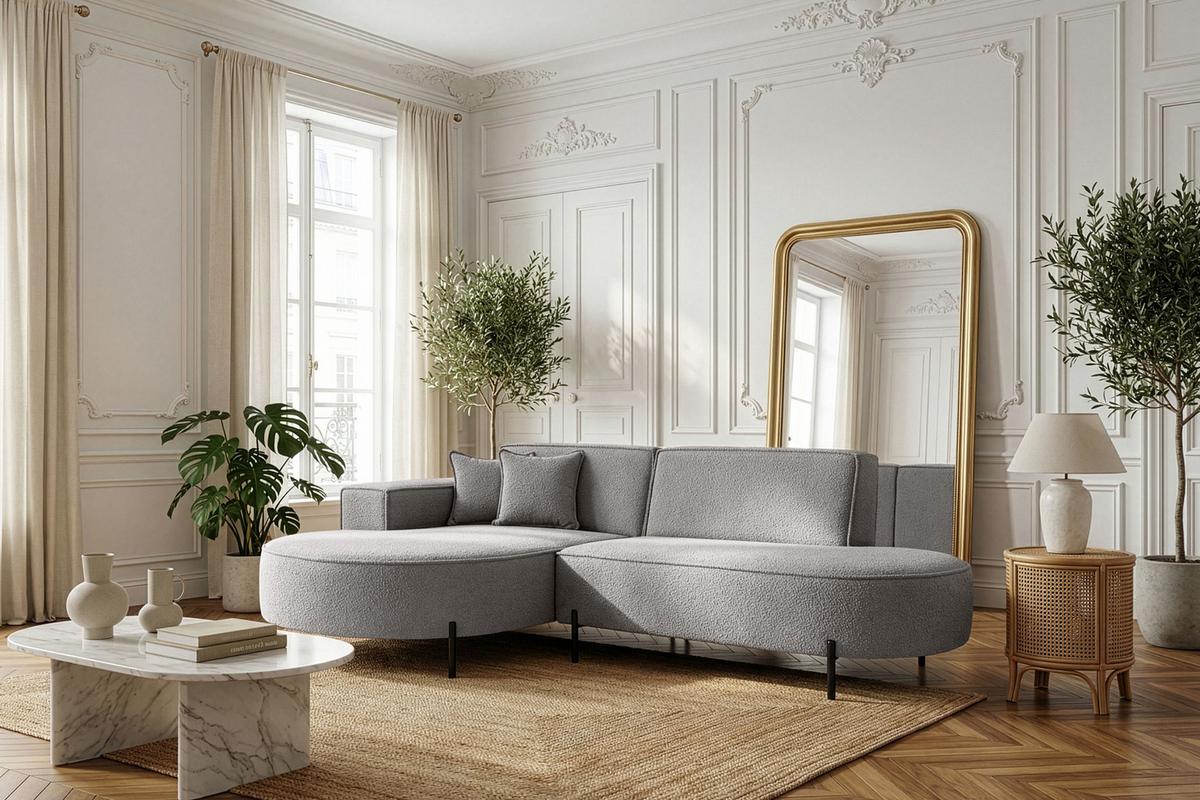 ECKSOFA Hana Loft 3-Sitzer Ecke Links, Boucle, Hellgrau 241/80/168 cm - Hellgrau/Schwarz, Textil/Metall (241/168cm) - WFL GROUP