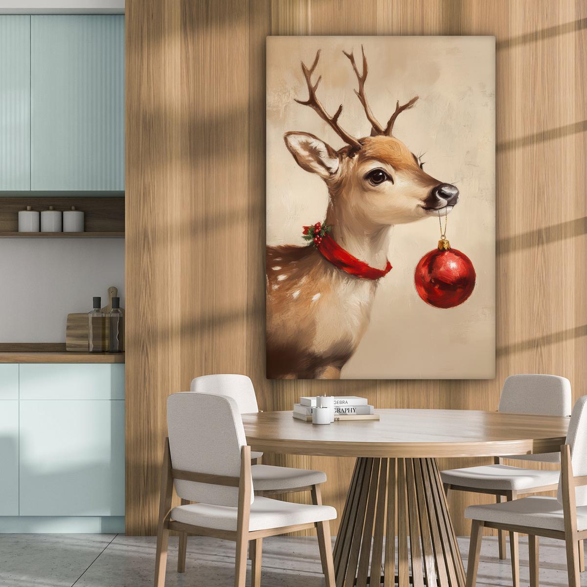 LEINWANDBILD Weihnachten - Hirsch - Geweih - Weihnachtskugel - Rentier Deko XXL 80x120 cm - Hellbraun, Textil (80/120cm) - MuchoWow