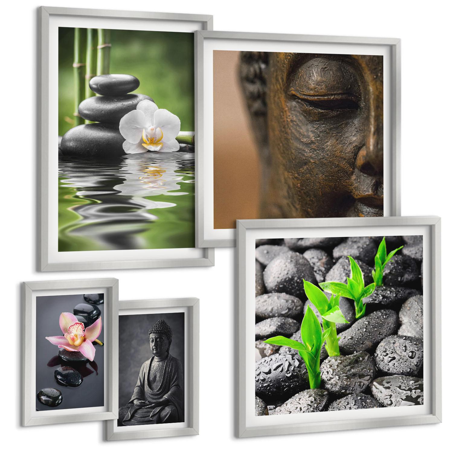 BILDER SET 5er Set - 50x50 cm & 20x30 cm & 40x60 cm Silberner Rahmen - Blumen in Vasen als Dekoration - Silberfarben, Kunststoff (40/60cm) - TULUP