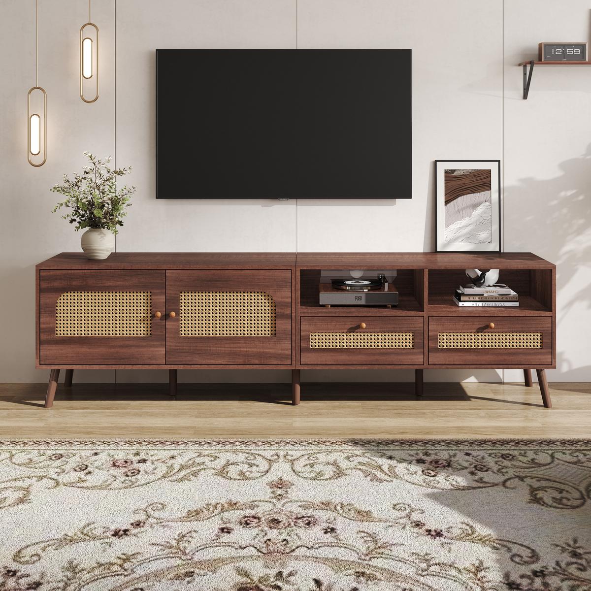 LOWBOARD Retro Rattan-Design, 200/37/49.5cm - Walnussfarben, Holzwerkstoff (200/50/37cm) - Urban Meuble