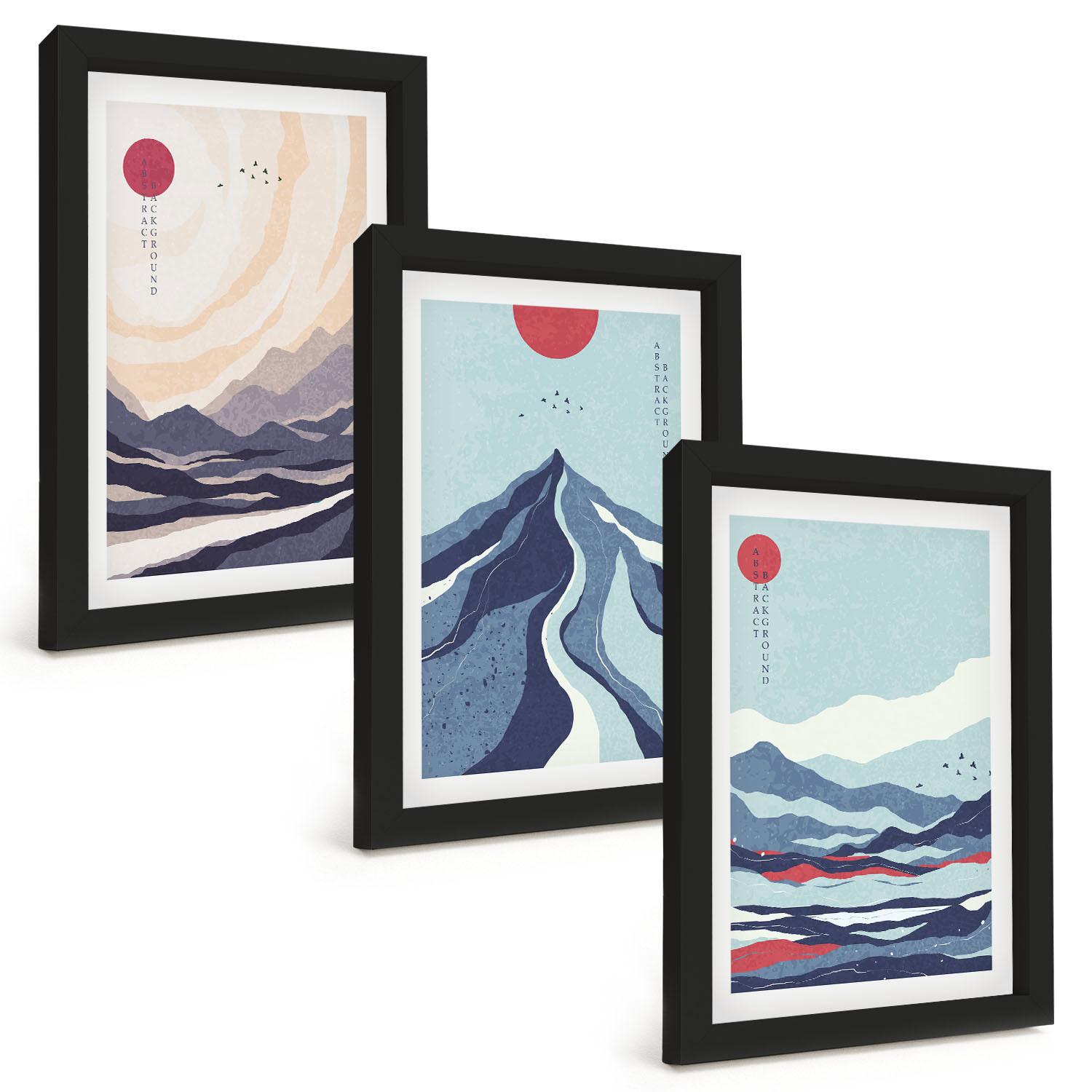 BILDER SET 3er Set - 20x30 cm Schwarzer Rahmen - Abstrakte japanische Berge - Schwarz, Kunststoff (20/30cm) - TULUP